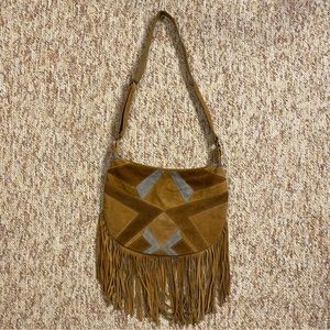 Earthbound Trading Company brown and tan suede fringe bag